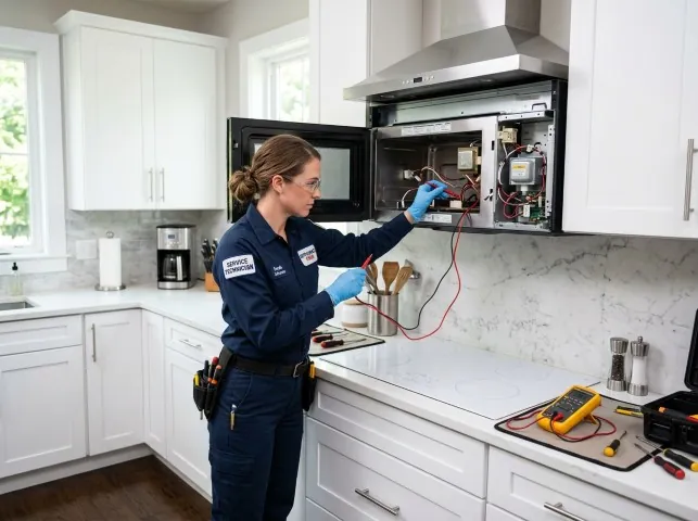 Appliance Repair Hero technician testing an over-the-range microwave in a Burtonsville, MD kitchen
